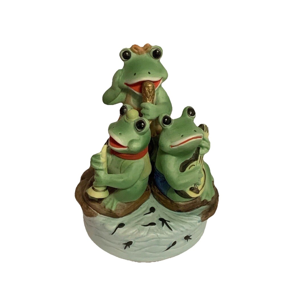 Vintage Aldon Music Box Three Anthropomorphic Frogs Singing Playing Instruments
